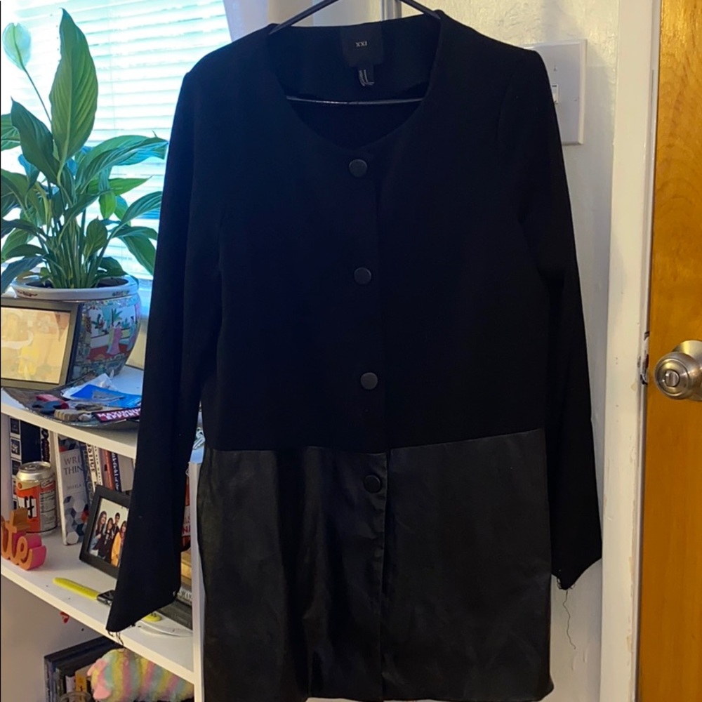 Black mid trench coat with faux leather bottom